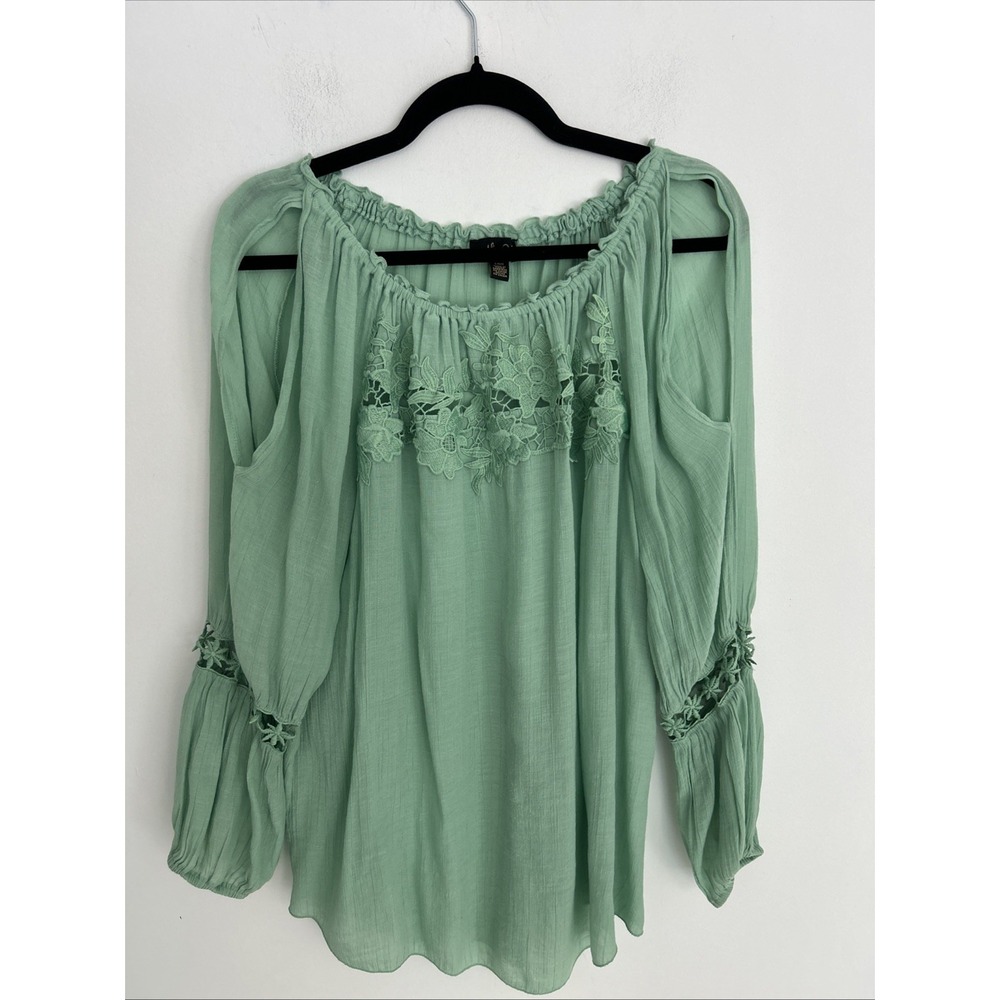 Melissa Paige Large Sage Green Floral Lace Crochet Long Sleeve Boho Flowy Blouse